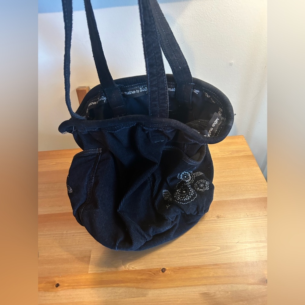Thirty one black corduroy retro metro tote with embroidery
